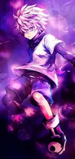 Dynamic anime character with a vibrant purple background.