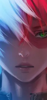 Dynamic anime character with red and blue hair, intense gaze, and vibrant colors.