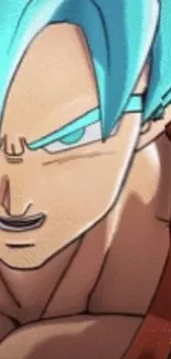 Anime character with blue hair and intense expression in digital art.
