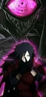 Anime character with purple aura and mysterious dark background.