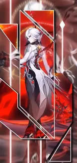 Dynamic anime character with vibrant red background.