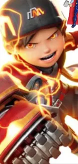 Anime character with fiery orange details in action pose.