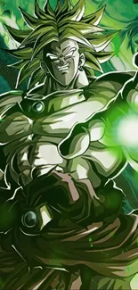 Energetic anime character with green aura shining.