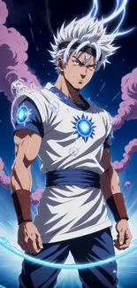 Dynamic anime character with blue aura and intense expression.