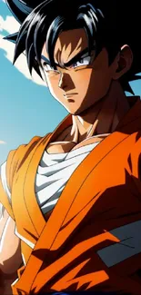 Vibrant anime character in orange outfit against a sunny backdrop.