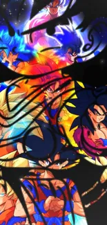 Colorful anime character collage on a dark background depicting dynamic energy.