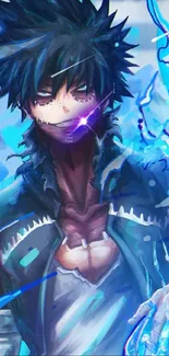 Anime character with electric blue design in vibrant dynamic style.