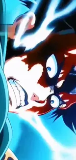 Anime character with electric blue aura and intense expression.