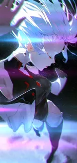 Anime character with flowing silver hair in a dynamic pose on a dark background.