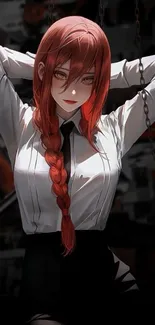 Anime character with red hair and dynamic pose in stylish outfit.