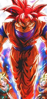 Anime character in a powerful Super Saiyan transformation with vibrant colors.