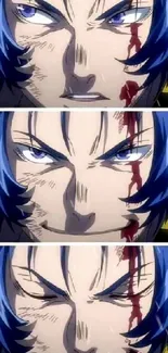 Anime character with intense gaze, featuring blue hair and a bold expression.