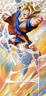 Anime character breaking through shattered glass in colorful scene.