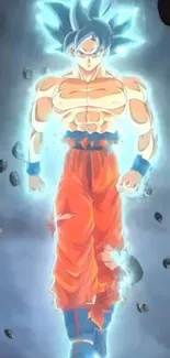 Dynamic anime character with blue aura and orange outfit.