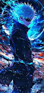 Anime character in cosmic blue design, perfect for vibrant mobile wallpaper.