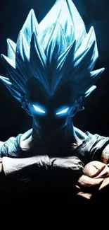 Anime character with glowing blue energy and striking posture.