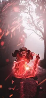 Dynamic anime character with red energy in a misty forest.