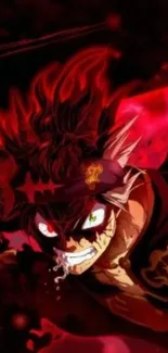 Intense anime character in dark red hues, exuding dynamic energy.