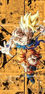 Energetic anime character with yellow hair in a comic-style action pose on orange background.