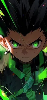 Anime character with green energy and determined expression.