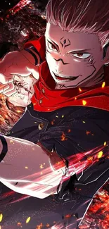 Anime character in dynamic pose with red, fiery background.