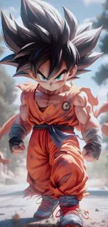 Anime character in orange attire with dynamic energy.