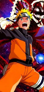 Energetic anime hero in a vibrant red theme with dynamic background.