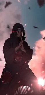 Anime character with dark cloak amidst dramatic sky and crows.