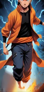 Anime character in orange coat with blue lightning background.