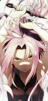 Anime character with pink hair, dynamic pose.