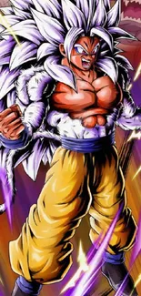 Anime character with white hair and orange pants in a vibrant pose.