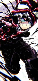 Dynamic anime character with black dominant color and bold red lines.