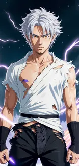 Anime character with silver hair electrifying background.