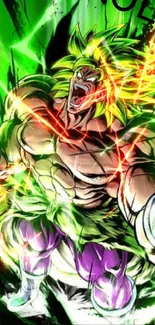 Vibrant anime character with a green background, striking a powerful pose.