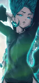 Anime character with teal accents and dynamic background.