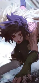 Dynamic anime character with purple hair in action pose.