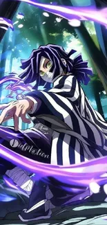 Anime character in striped attire with purple aura in a forest setting.