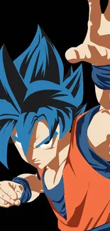 Anime character with vibrant blue hair and orange outfit on black background.