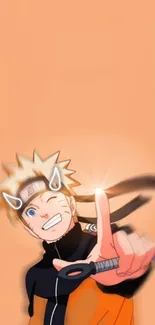 Anime character in action on orange background.