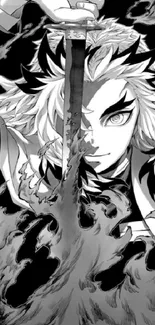 Black and white anime character holding a sword in dynamic pose.