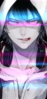 Anime character with hood and headphones in vibrant colors.