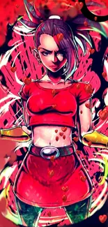 Anime character in red attire with vibrant digital art background.