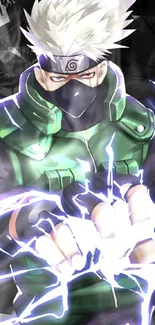 Anime character with green attire and electric power on mobile wallpaper.