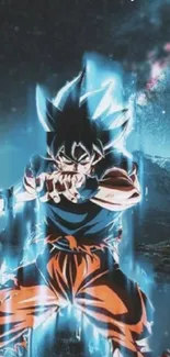 Anime character with glowing blue aura in dynamic pose.