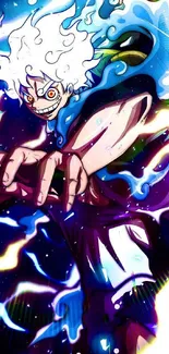 Anime character with white hair and blue energy on a vivid wallpaper background.