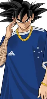 Anime character in a blue jersey with black spiky hair and gold jewelry.