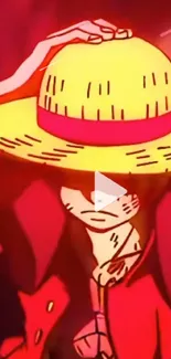 A dynamic anime character in red attire and a yellow hat on a vibrant red background.