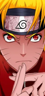 Anime character with fierce expression and vibrant red background.