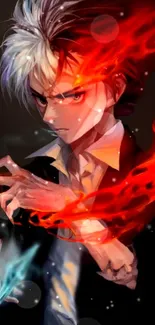 Anime character with red fiery aura and intense expression.