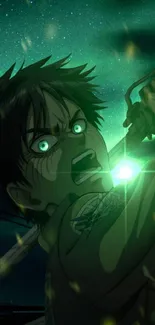 Dynamic anime character with glowing green eyes in action pose.